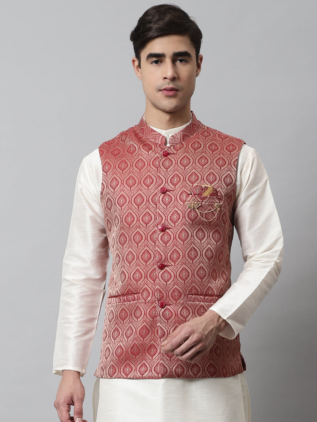 Jompers Men's Maroon Woven Design Waistcoats