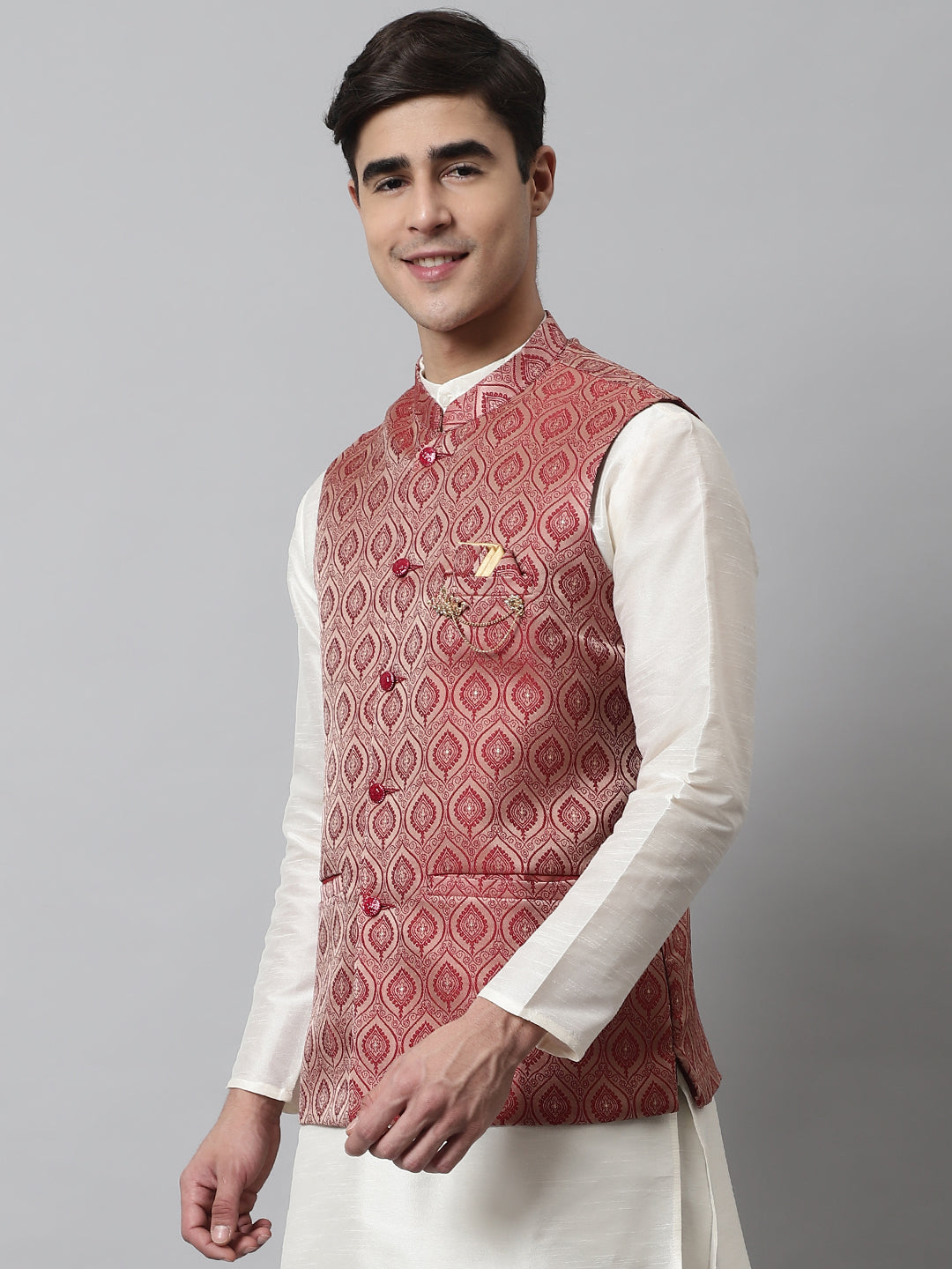 Jompers Men's Maroon Woven Design Waistcoats