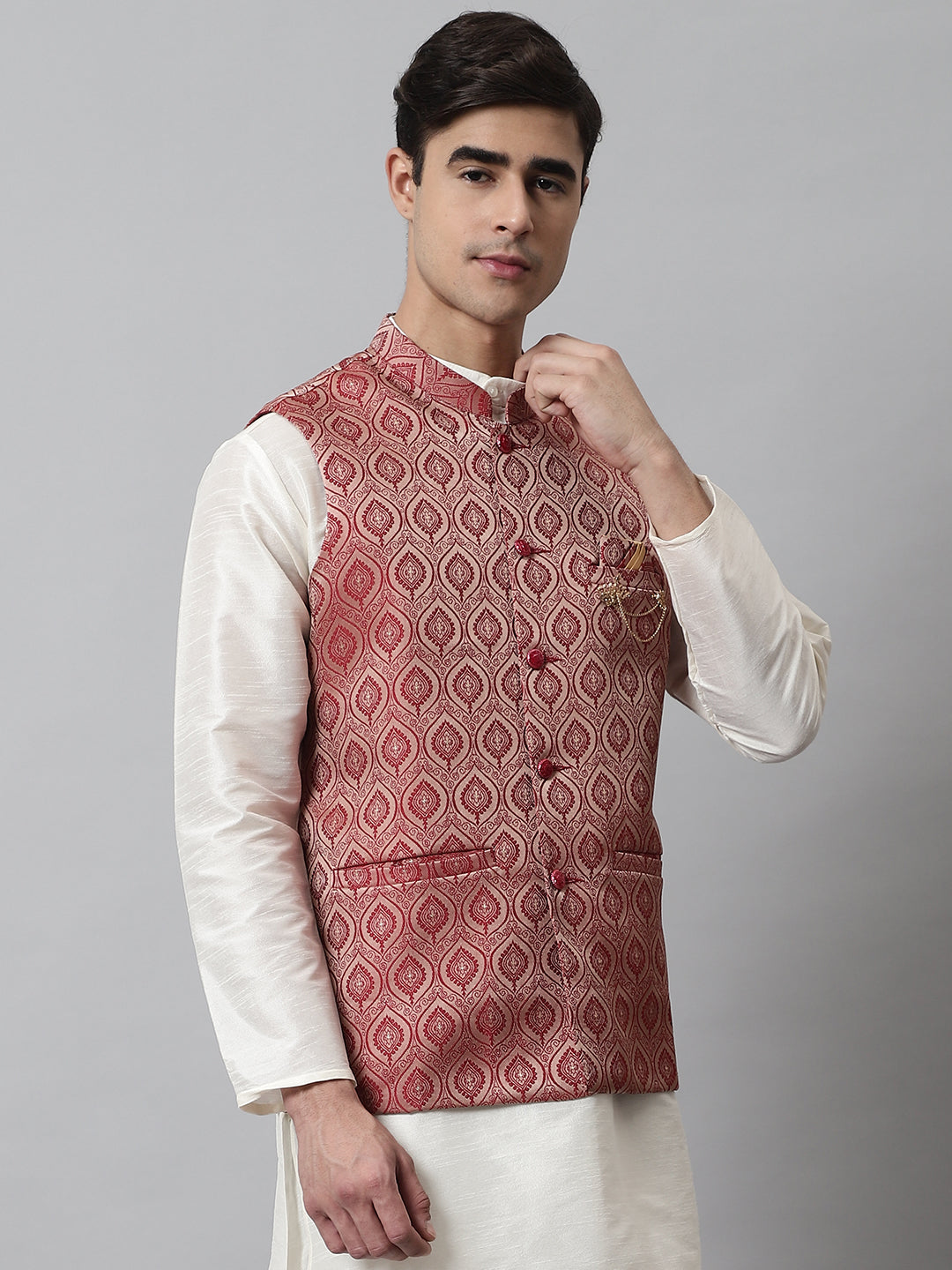 Jompers Men's Maroon Woven Design Waistcoats