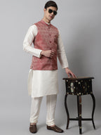 Jompers Men's Maroon Woven Design Waistcoats