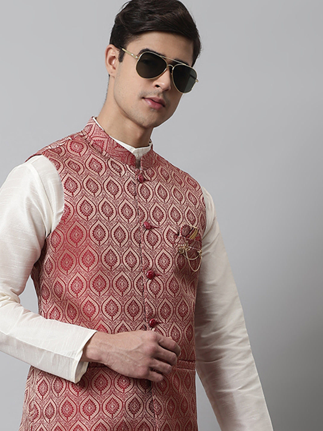 Jompers Men's Maroon Woven Design Waistcoats