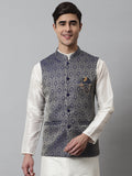 Jompers Men's Navy Blue Woven Design Waistcoats