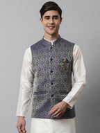 Jompers Men's Navy Blue Woven Design Waistcoats