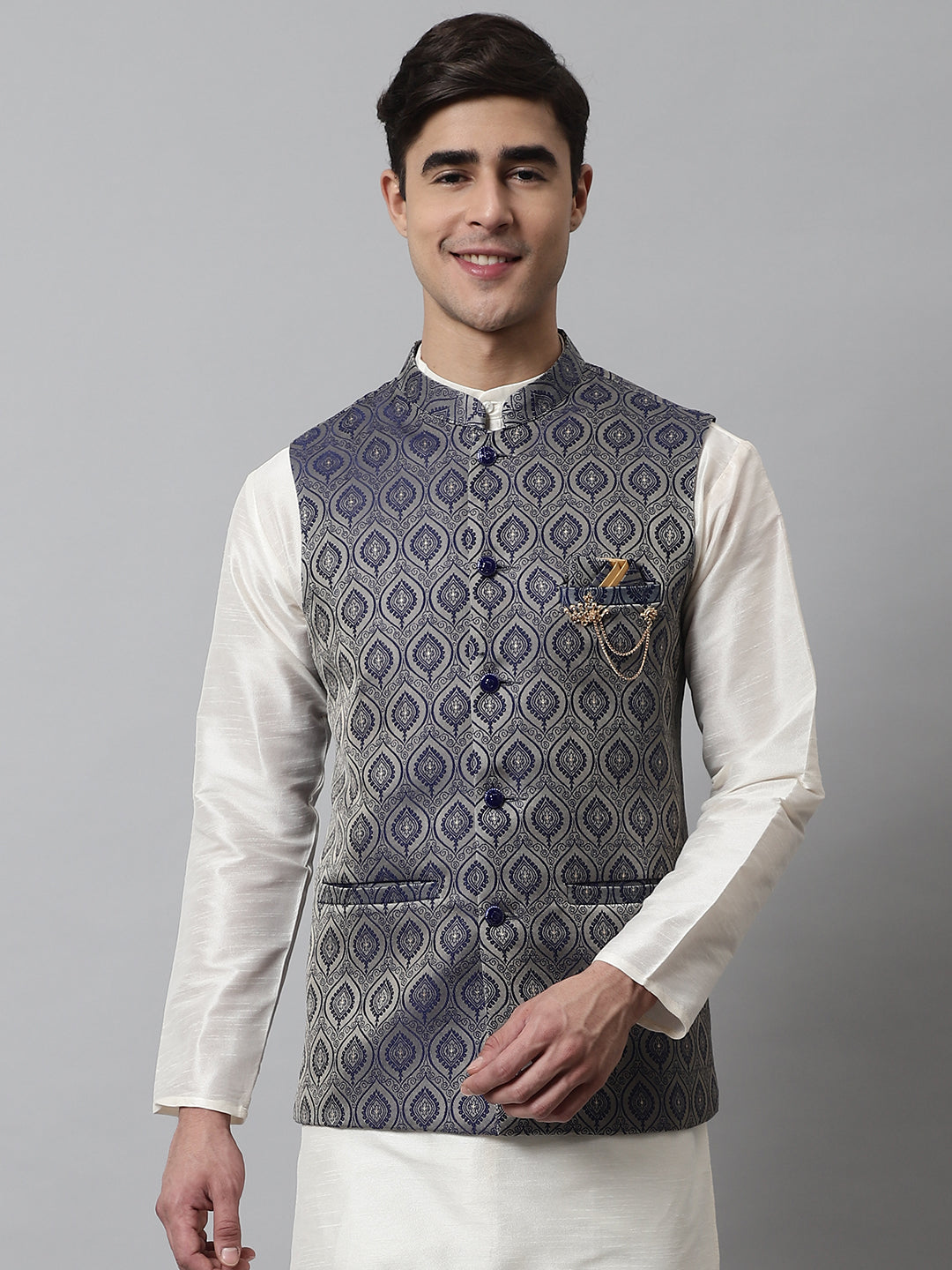 Jompers Men's Navy Blue Woven Design Waistcoats