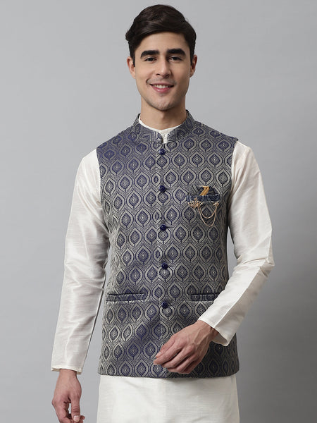 Jompers Men's Navy Blue Woven Design Waistcoats