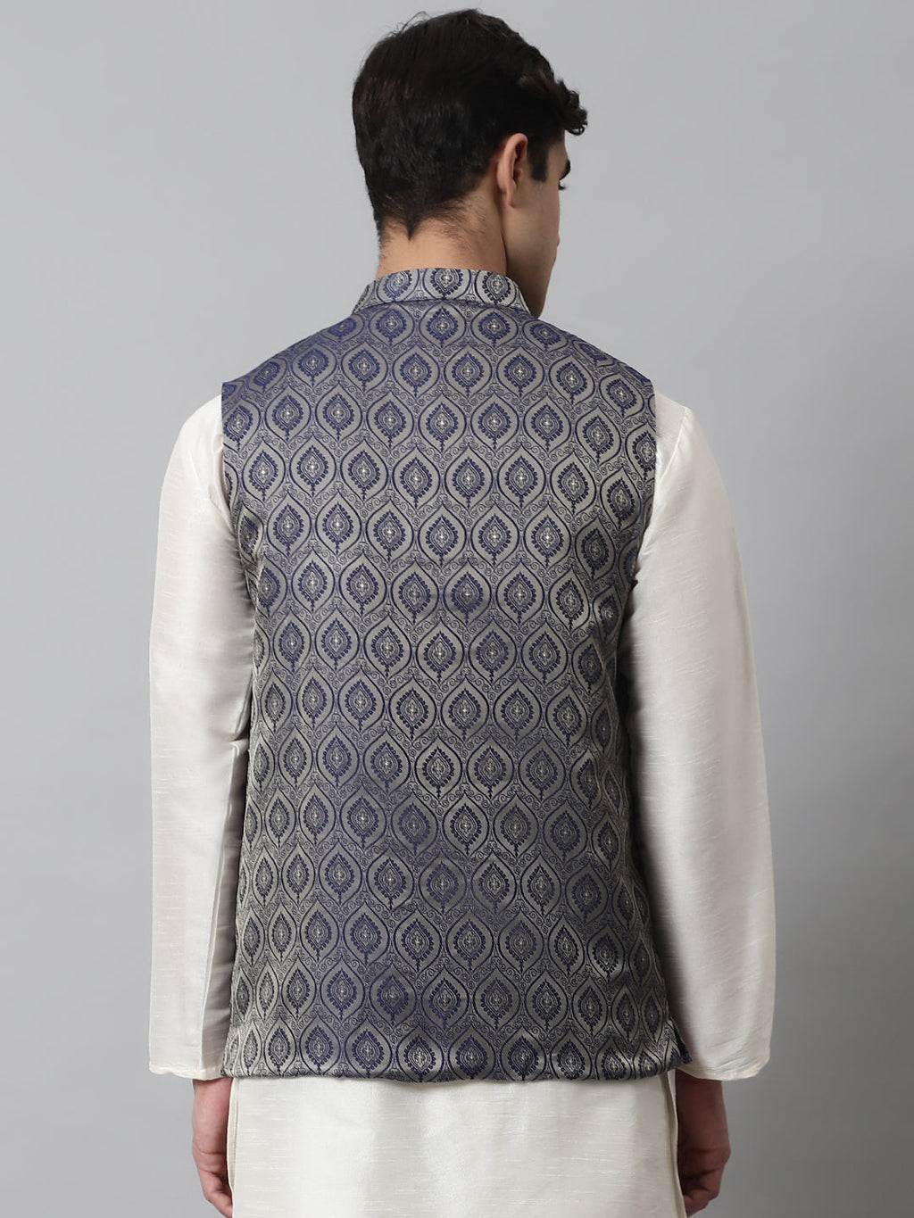 Jompers Men's Navy Blue Woven Design Waistcoats