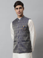 Jompers Men's Navy Blue Woven Design Waistcoats