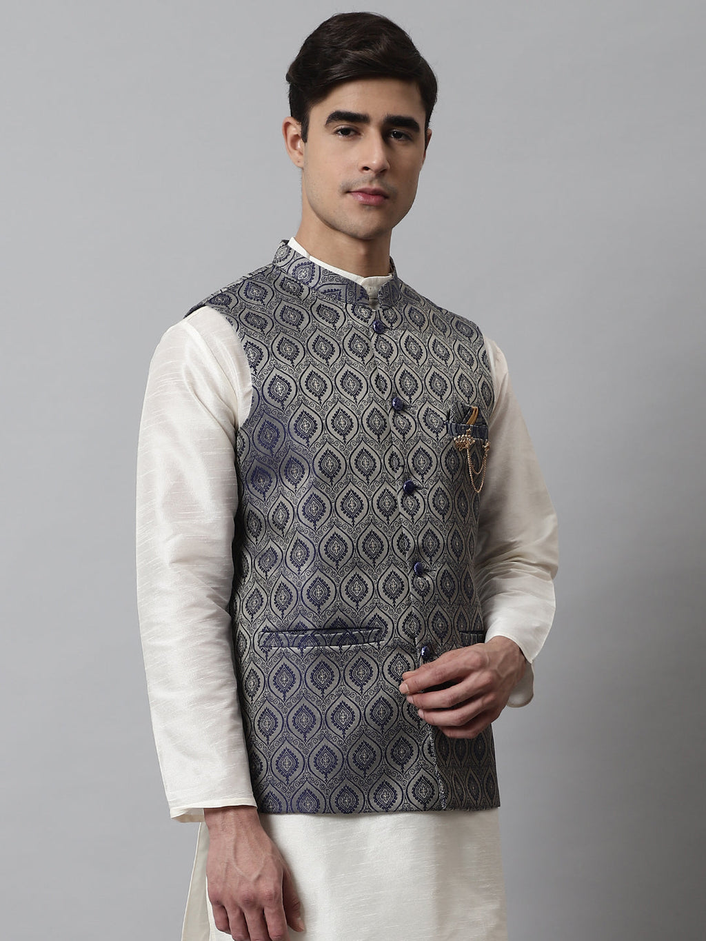 Jompers Men's Navy Blue Woven Design Waistcoats