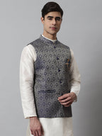 Jompers Men's Navy Blue Woven Design Waistcoats