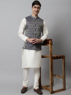 Jompers Men's Navy Blue Woven Design Waistcoats