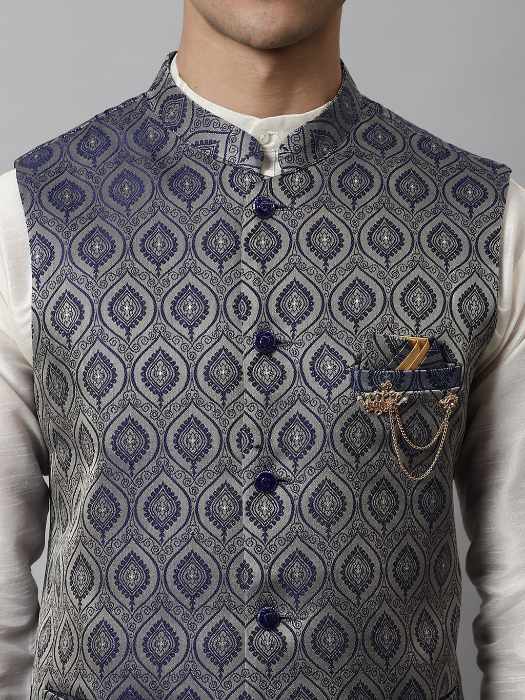 Jompers Men's Navy Blue Woven Design Waistcoats
