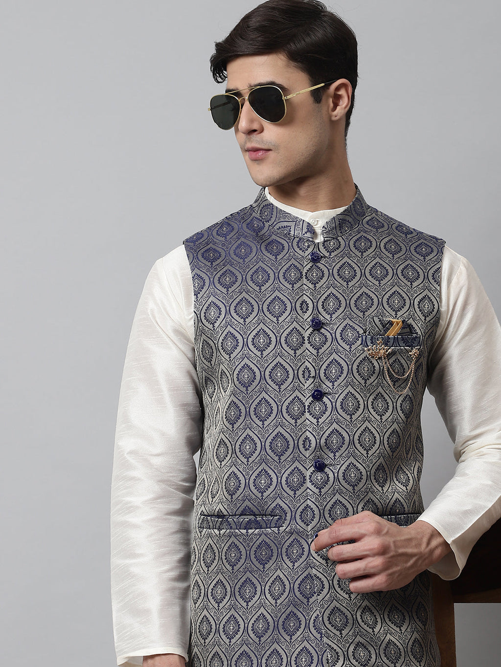 Jompers Men's Navy Blue Woven Design Waistcoats