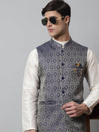 Jompers Men's Navy Blue Woven Design Waistcoats