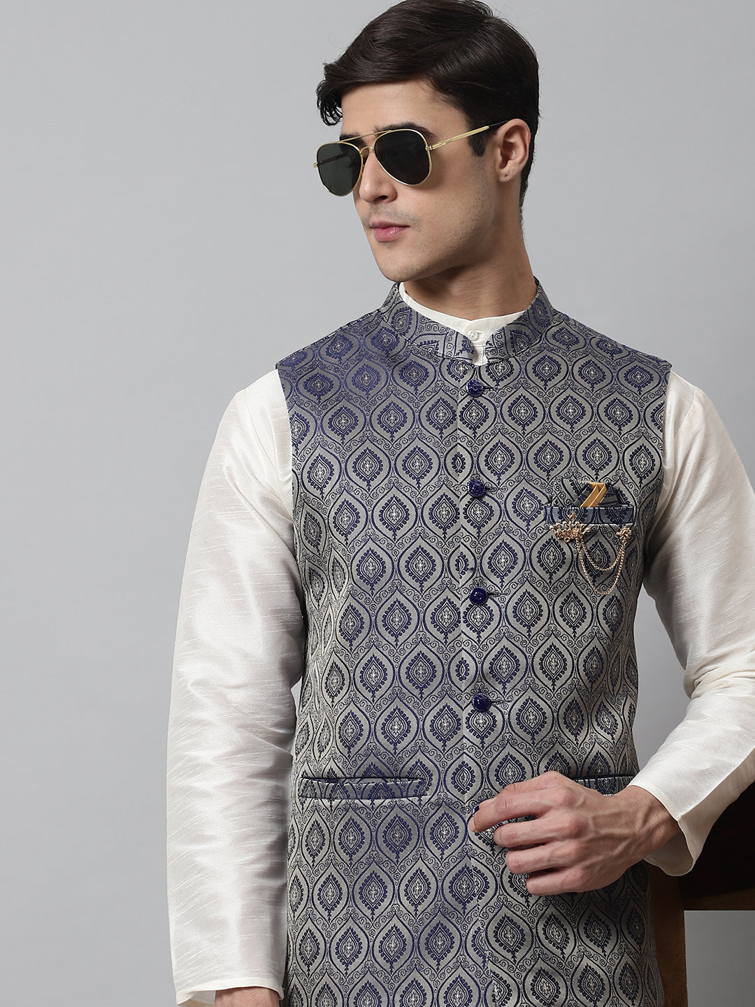 Jompers Men's Navy Blue Woven Design Waistcoats
