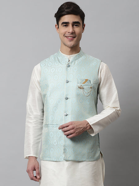 Jompers Men's Sky Blue Woven Design Waistcoats
