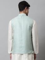 Jompers Men's Sky Blue Woven Design Waistcoats