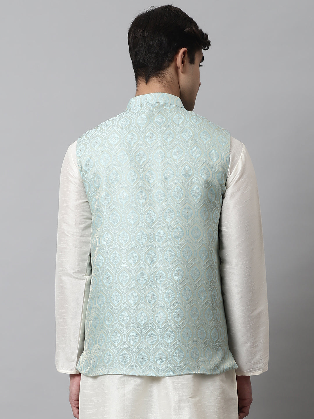 Jompers Men's Sky Blue Woven Design Waistcoats