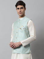 Jompers Men's Sky Blue Woven Design Waistcoats