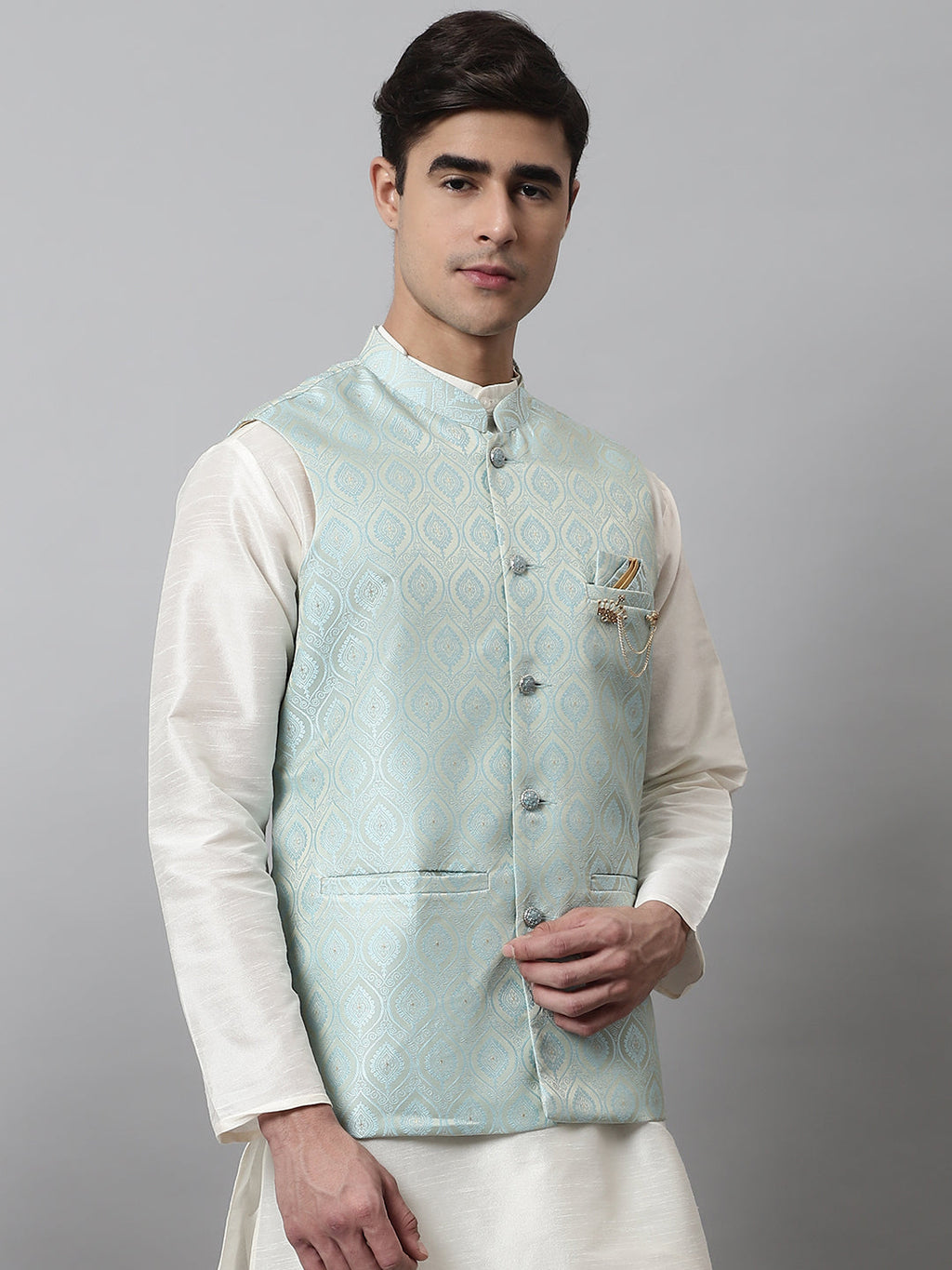 Jompers Men's Sky Blue Woven Design Waistcoats