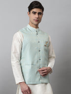 Jompers Men's Sky Blue Woven Design Waistcoats