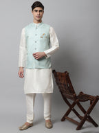 Jompers Men's Sky Blue Woven Design Waistcoats