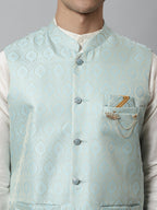 Jompers Men's Sky Blue Woven Design Waistcoats