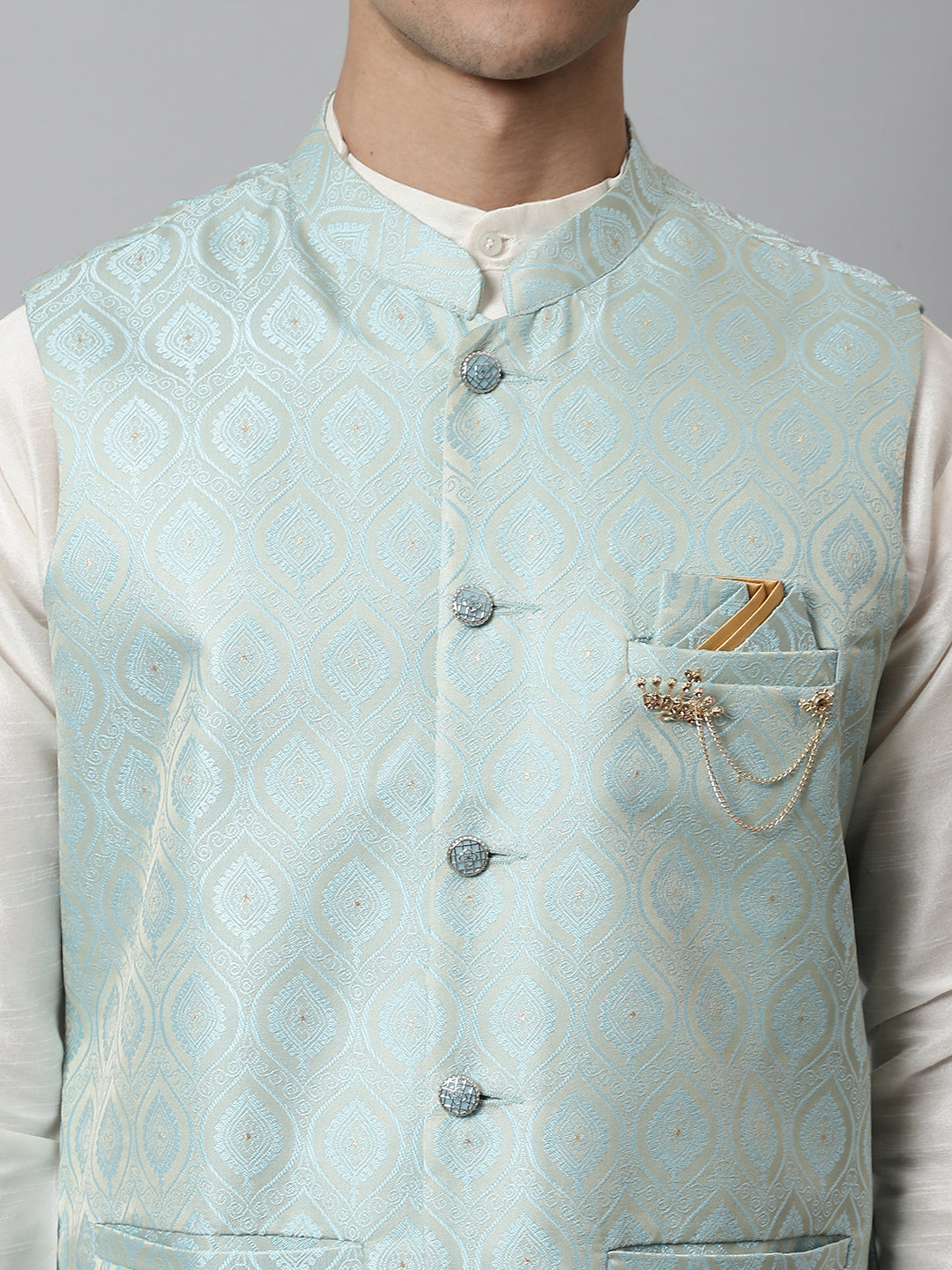 Jompers Men's Sky Blue Woven Design Waistcoats