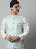 Jompers Men's Sky Blue Woven Design Waistcoats