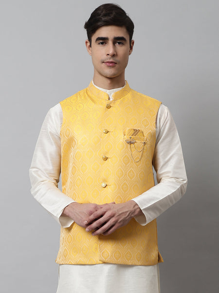 Jompers Men's Yellow Woven Design Waistcoats