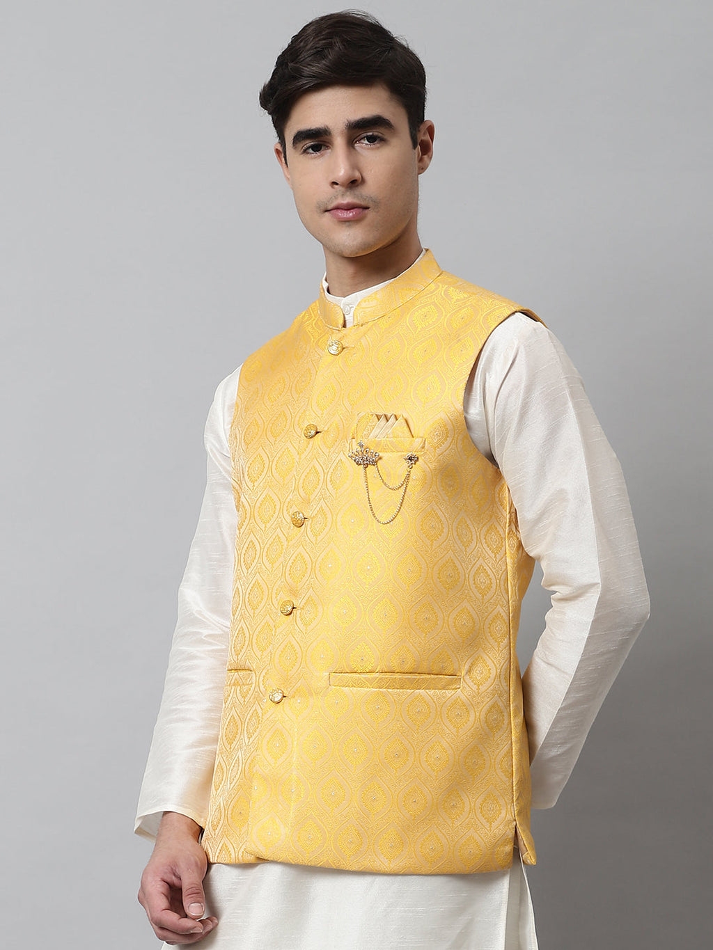 Jompers Men's Yellow Woven Design Waistcoats