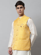 Jompers Men's Yellow Woven Design Waistcoats