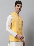 Jompers Men's Yellow Woven Design Waistcoats