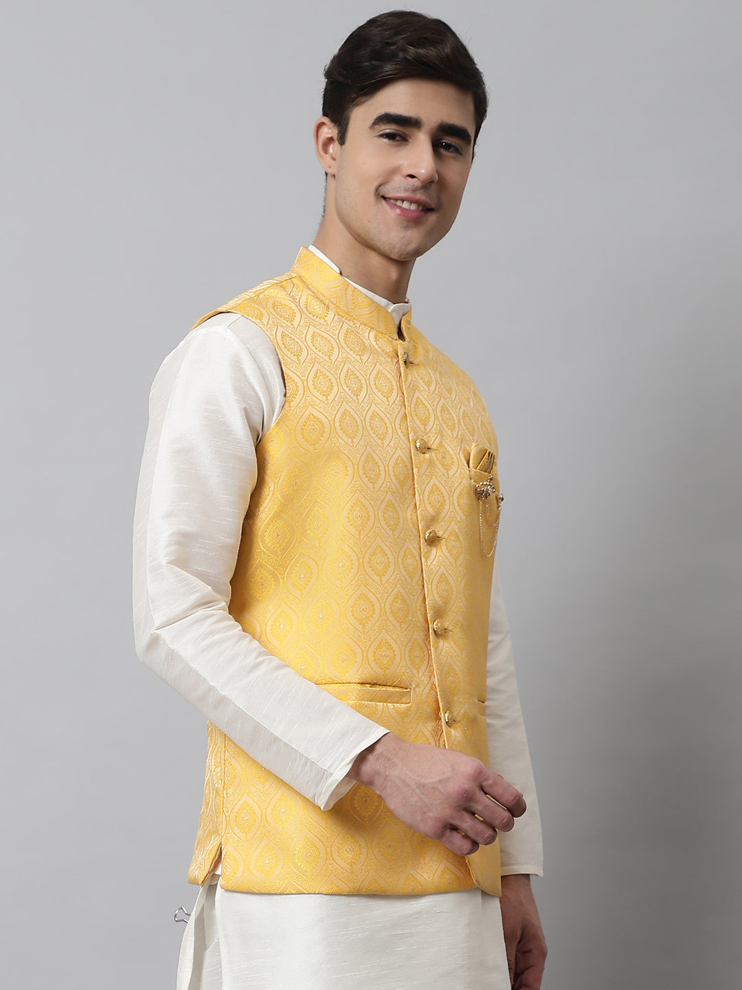 Jompers Men's Yellow Woven Design Waistcoats