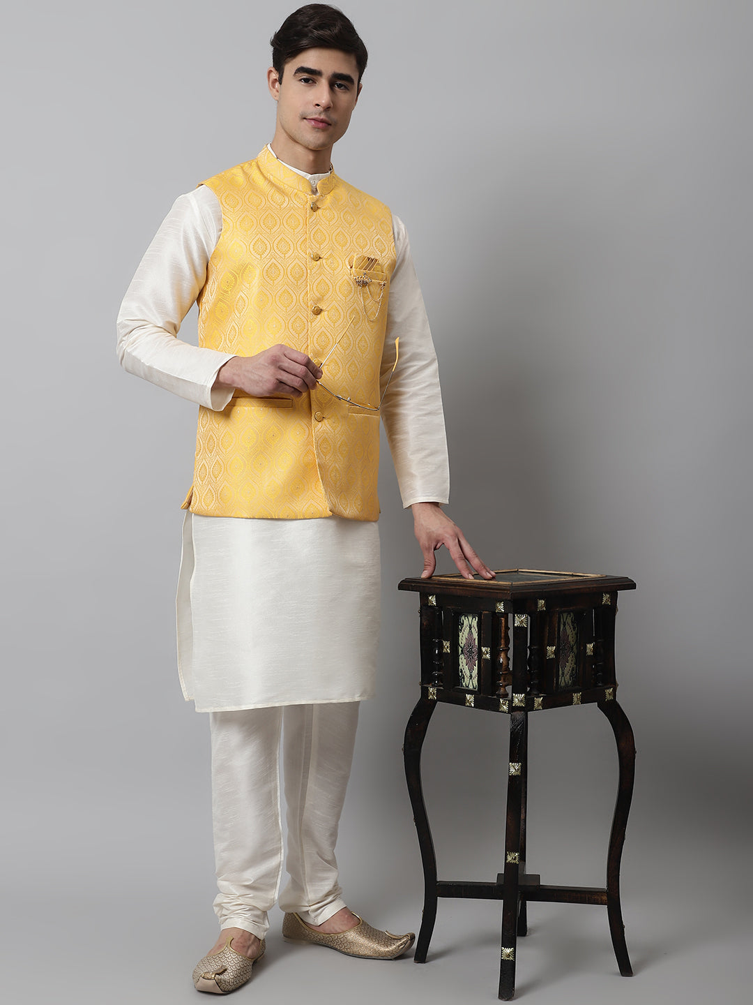 Jompers Men's Yellow Woven Design Waistcoats