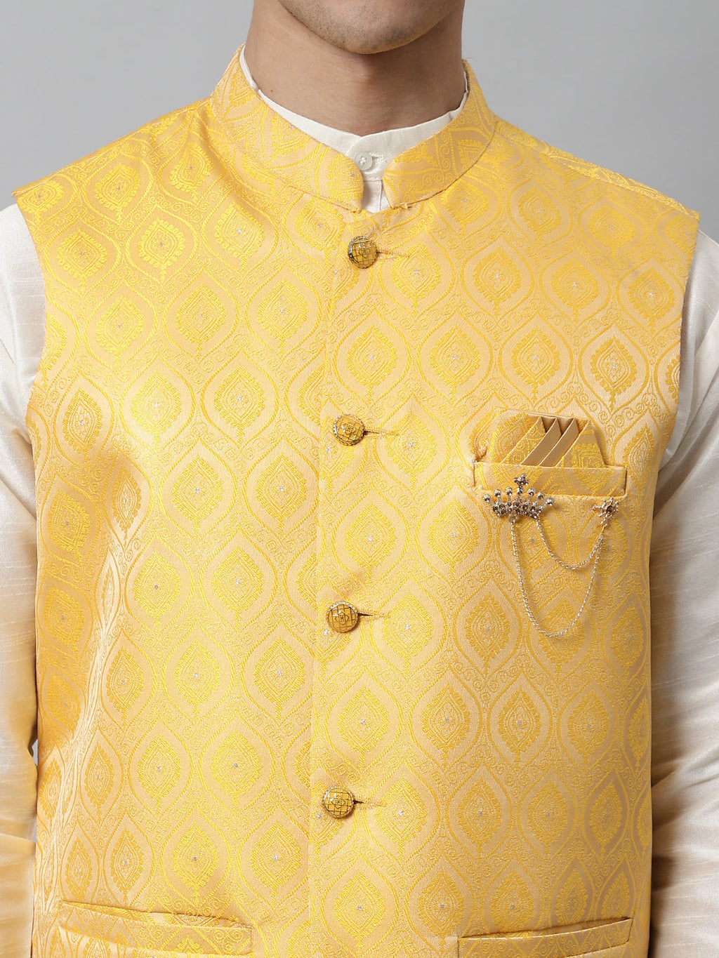 Jompers Men's Yellow Woven Design Waistcoats