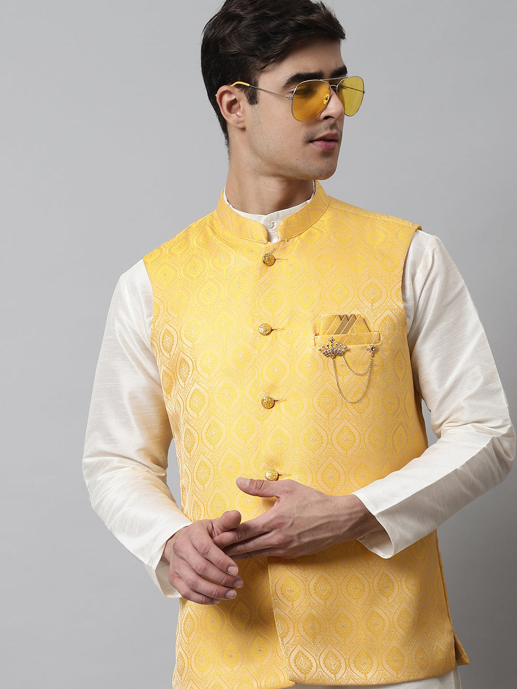 Jompers Men's Yellow Woven Design Waistcoats