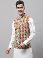 Jompers Men's Olive and Maroon Printed Waistcoats