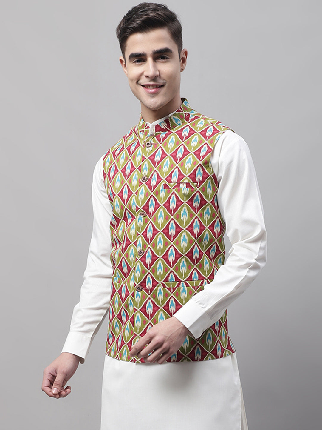 Jompers Men's Olive and Maroon Printed Waistcoats