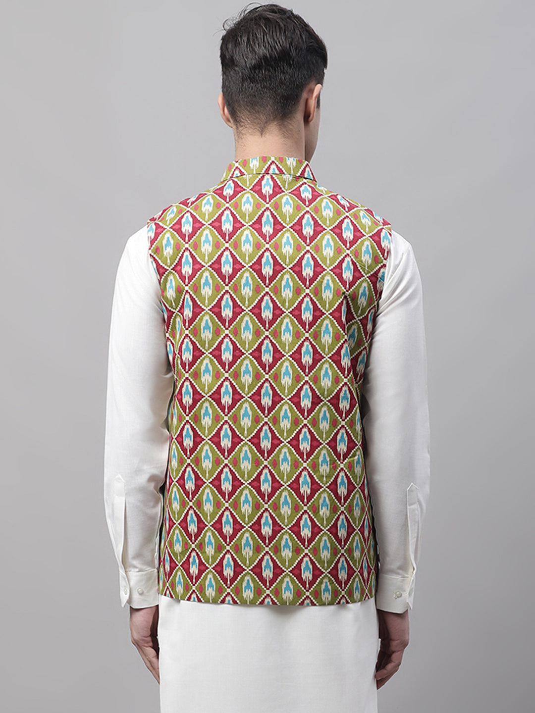 Jompers Men's Olive and Maroon Printed Waistcoats