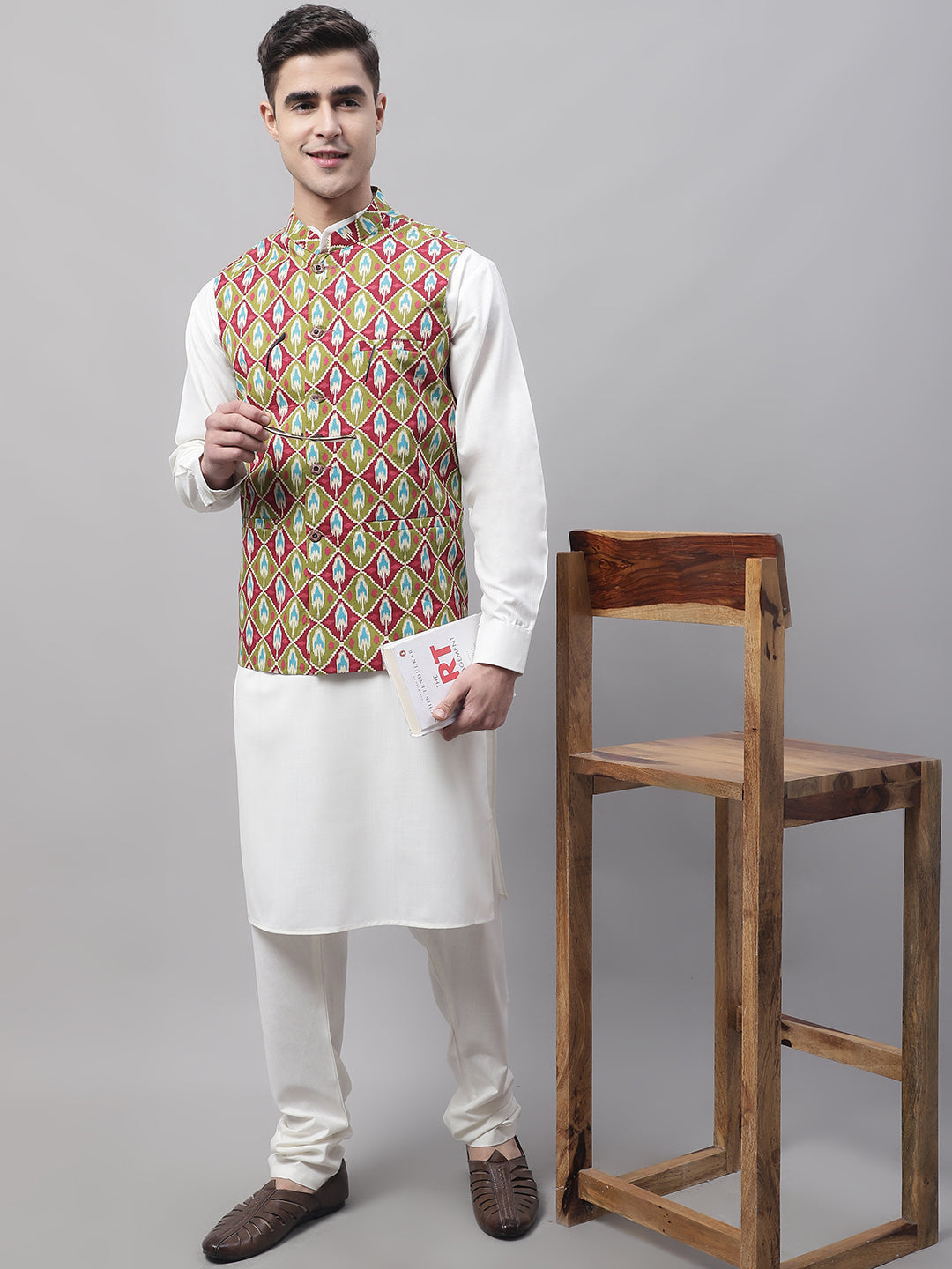 Jompers Men's Olive and Maroon Printed Waistcoats