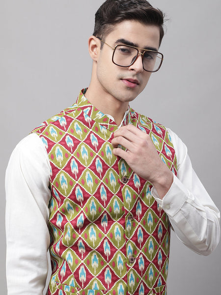 Jompers Men's Olive and Maroon Printed Waistcoats