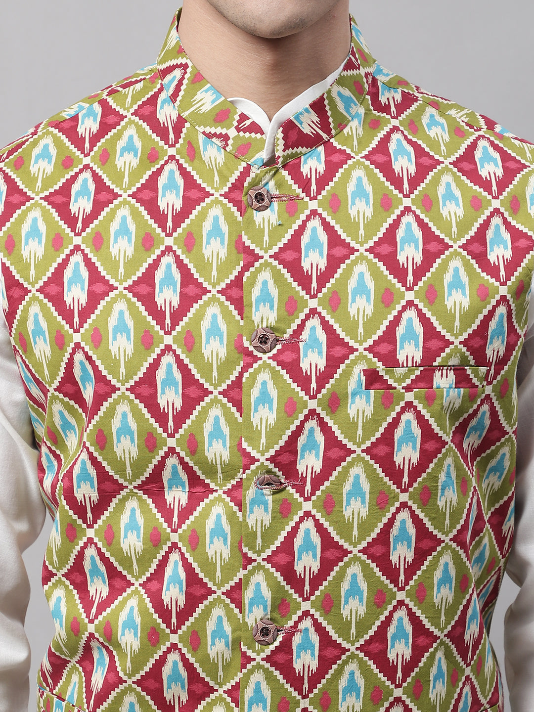 Jompers Men's Olive and Maroon Printed Waistcoats