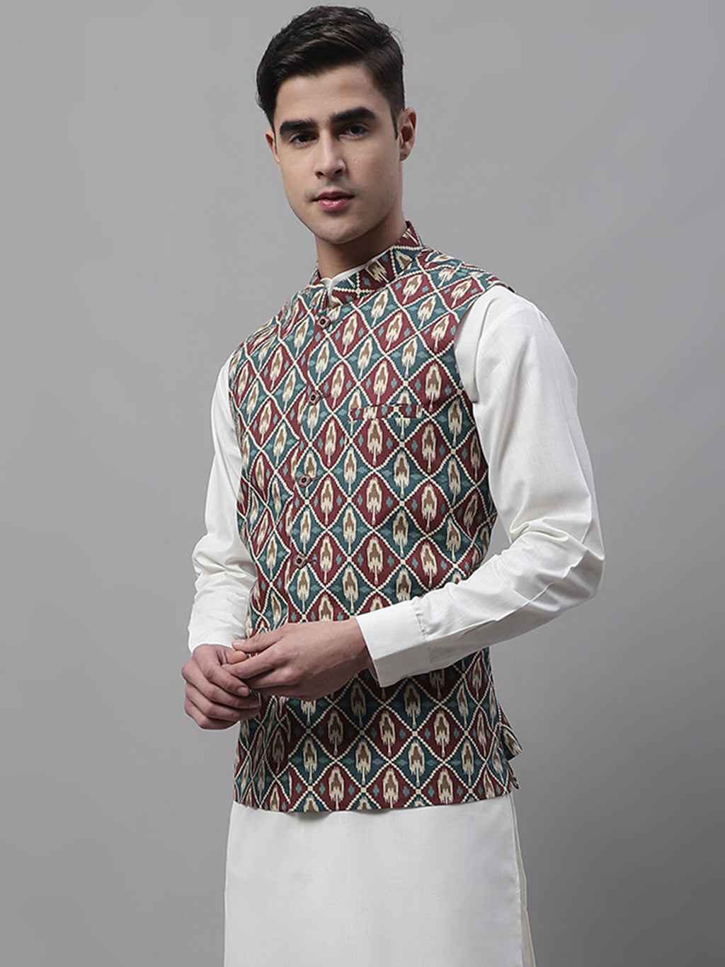 Jompers Men's Teal and Maroon Printed Waistcoats