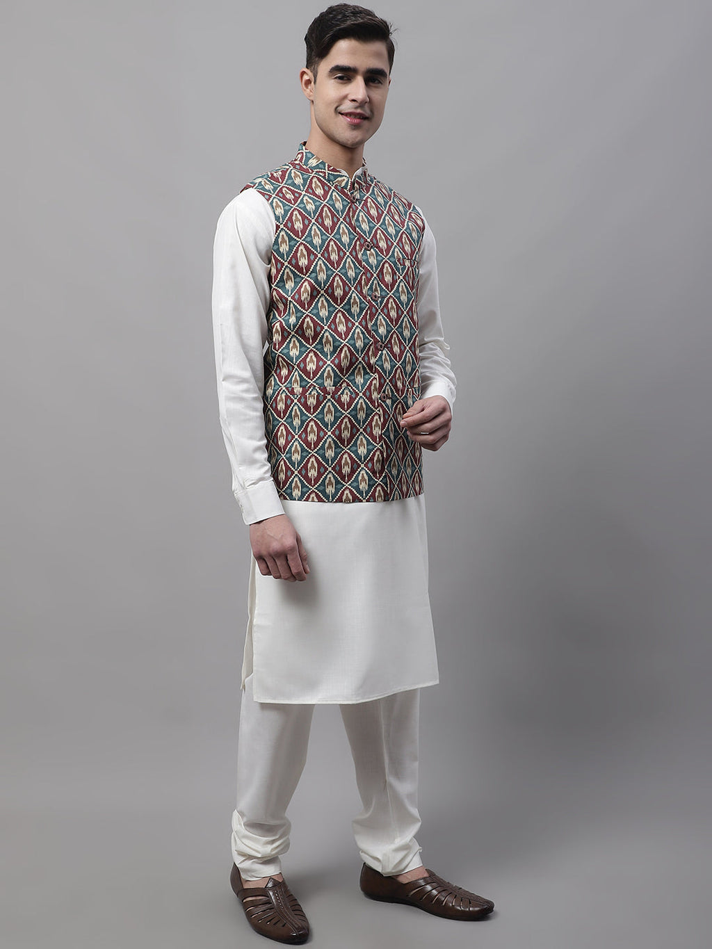 Jompers Men's Teal and Maroon Printed Waistcoats