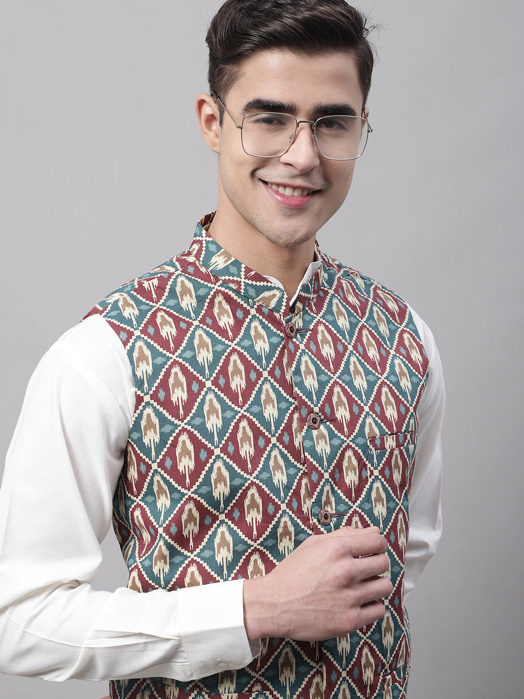 Jompers Men's Teal and Maroon Printed Waistcoats