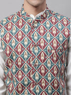 Jompers Men's Teal and Maroon Printed Waistcoats