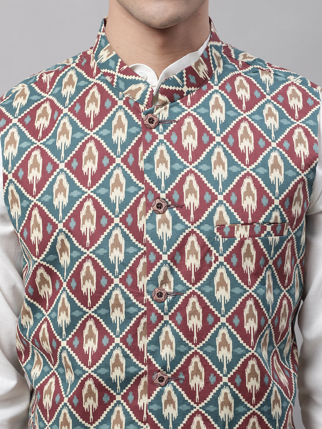 Jompers Men's Teal and Maroon Printed Waistcoats