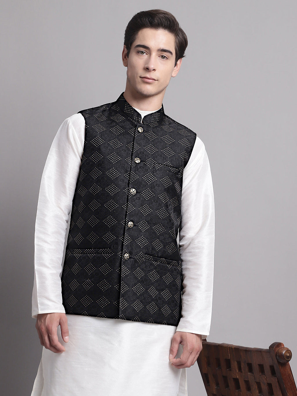 Jompers Men's Black Woven Design Nehru Jacket