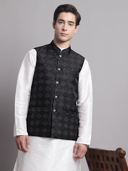Jompers Men's Black Woven Design Nehru Jacket