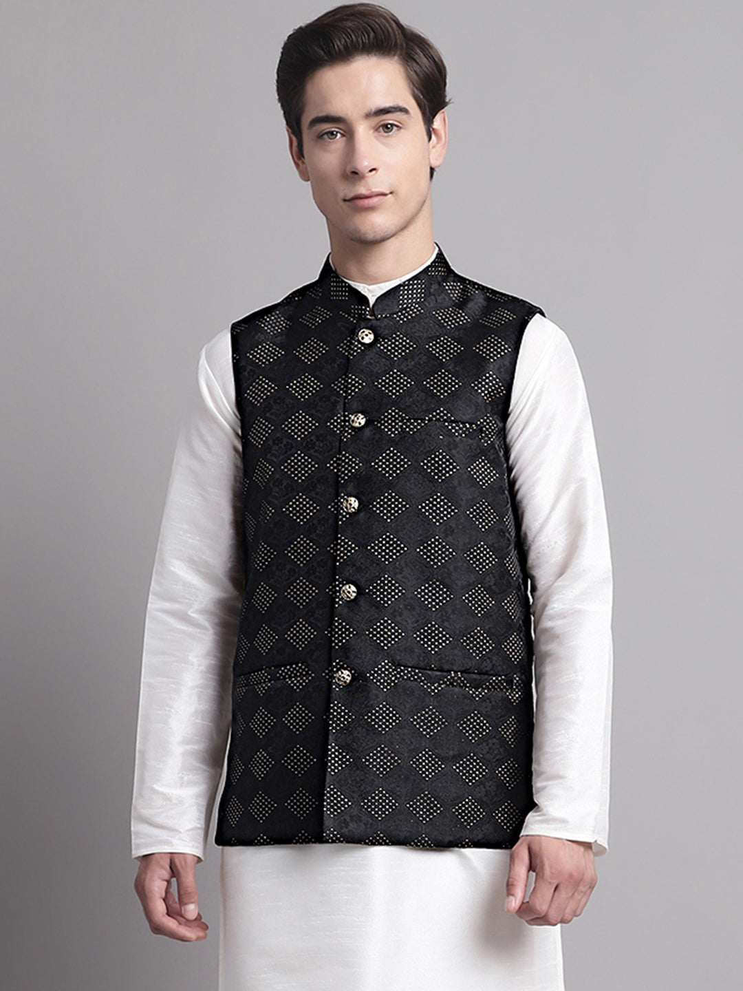 Jompers Men's Black Woven Design Nehru Jacket